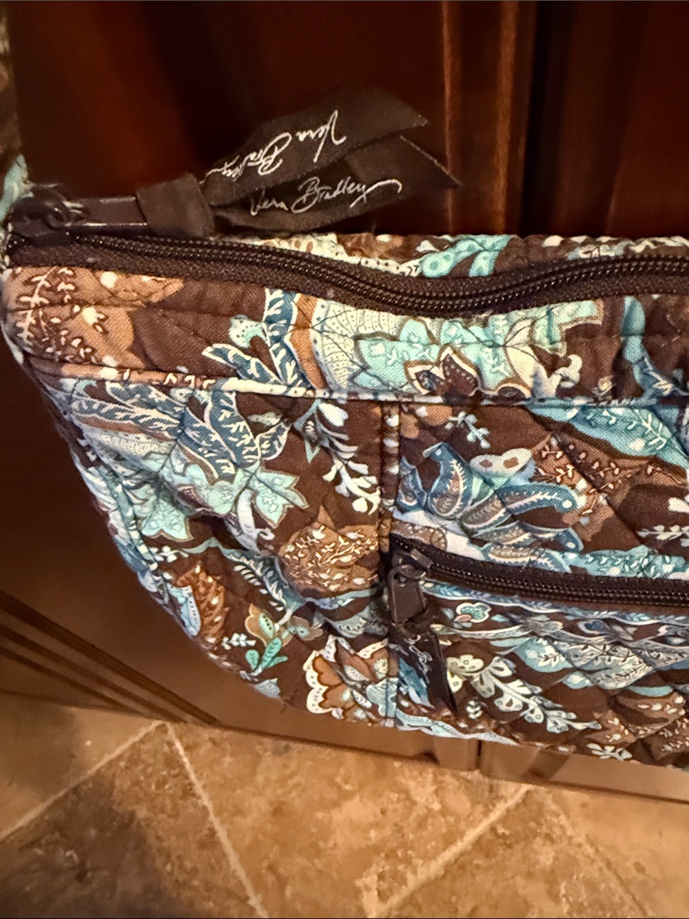Vera Bradley Brown and Teal Quilted Shoulder Bag "Java Blue" - Picture 3 of 6